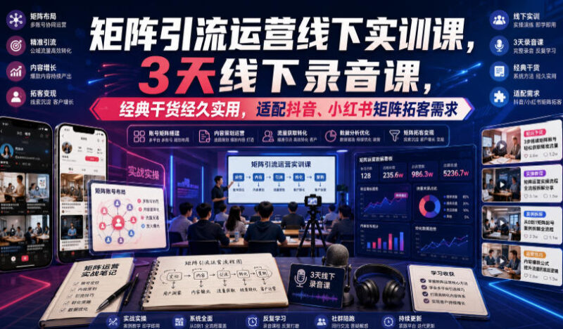 嗨推矩阵引流运营线下实训课，3天线下录音课，经典干货经久实用，适配抖音、小红书矩阵拓客需求-百科网
