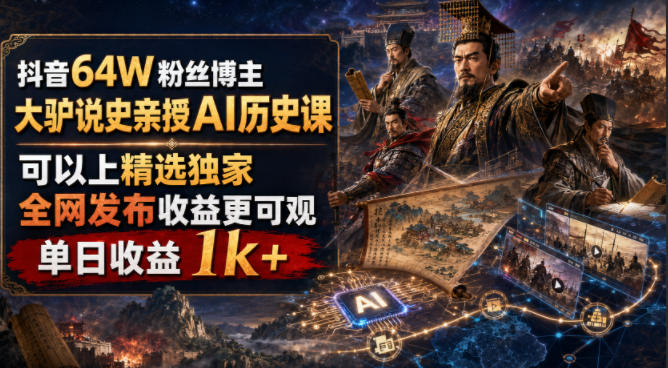 抖音64W粉丝博主大驴说史亲授AI历史课,可以上精选独家,全网发布收益更可观,单日收益1k+-百科网