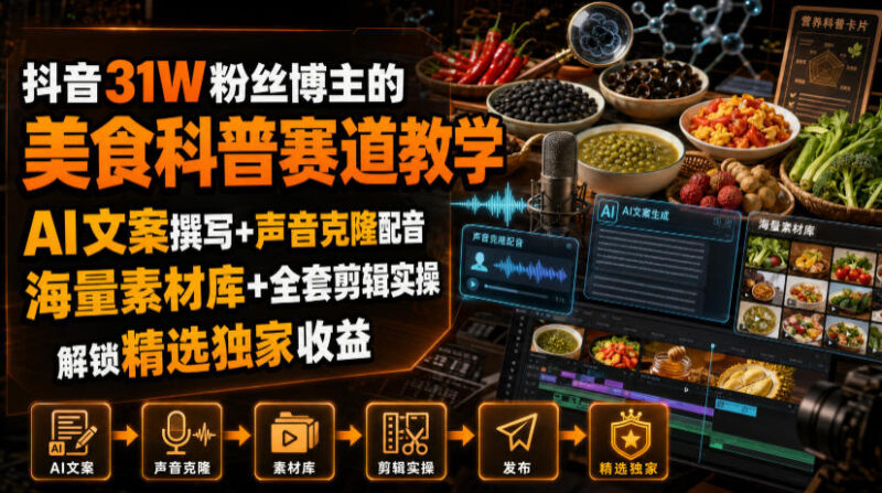 抖音31W粉丝博主的美食科普赛道教学,AI文案撰写+声音克隆配音+剪辑实操,解锁精选独家收益-百科网