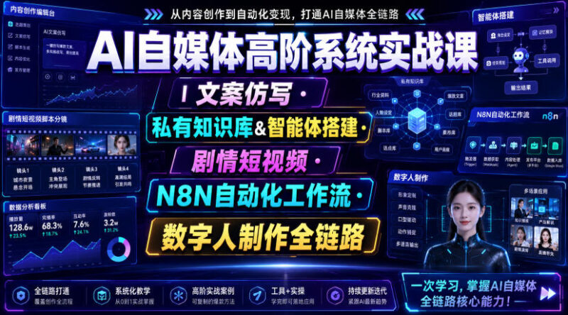 AI自媒体高阶系统实战课｜文案仿写・私有知识库&智能体搭建・剧情短视频・N8N自动化工作流・数字人制作全链路-百科网