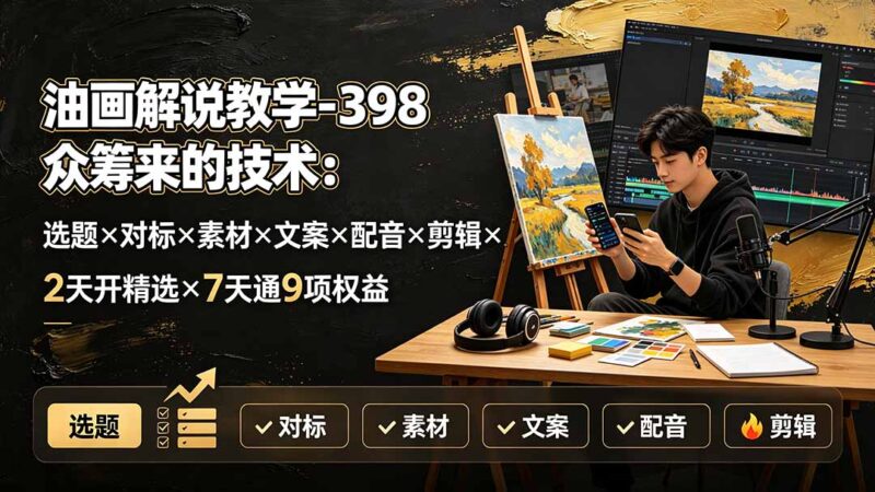 (19587期)油画解说教学-398众筹来的技术-刯新:选题×对标×素材×文案×配音×剪辑×2天开精选×7天通9项权益-百科网