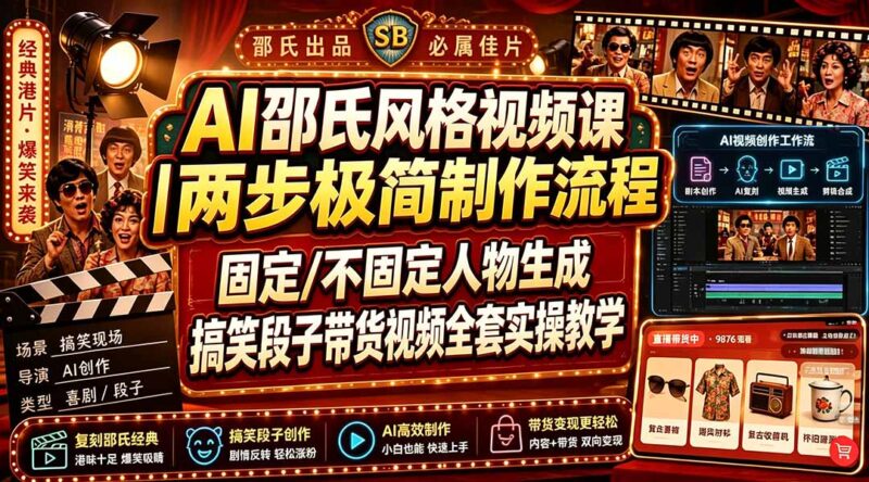 （19602期）AI邵氏风格视频课｜两步极简制作流程，固定/不固定人物生成，搞笑段子带货视频全套实操教学-百科网