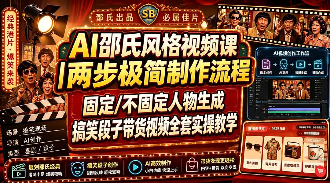 (19602期)AI邵氏风格视频课|两步极简制作流程,固定/不固定人物生成,搞笑段子带货视频全套实操教学 (19602期)AI邵氏风格视频课|两步极简制作流程,固定/不固定人物生成,搞笑段子带货视频全套实操教学