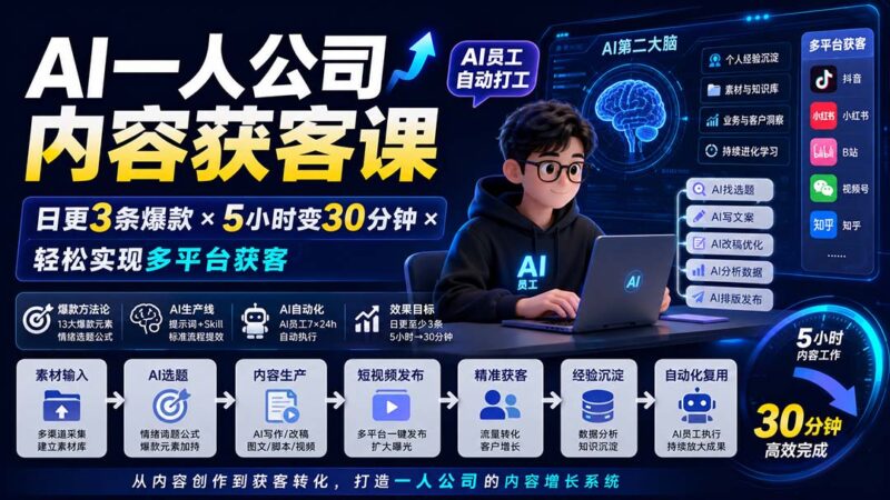 （20111期）AI一人公司内容获客课-更新8月：日更3条爆款×5小时变30分钟×AI员工自动打工，轻松实现多平台获客-百科网
