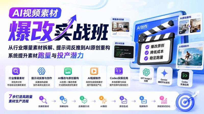 （20110期）AI视频素材爆改实战班-更新8月：从行业爆量素材拆解、提示词反推到AI原创重构，系统提升素材跑量与投产潜力-百科网