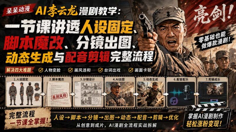 （20107期）呆呆动漫AI李云龙漫剧教学：一节课讲透人设固定、脚本魔改、分镜出图、动态生成与配音剪辑完整流程-百科网