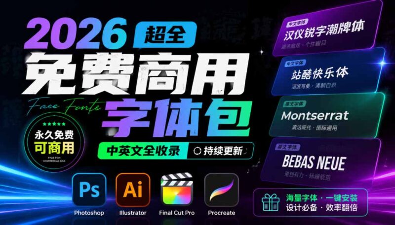 （19982期）2026超全免费商用字体包字体中英文，涵盖ps/ai/fcpx/procreate 字库-百科网