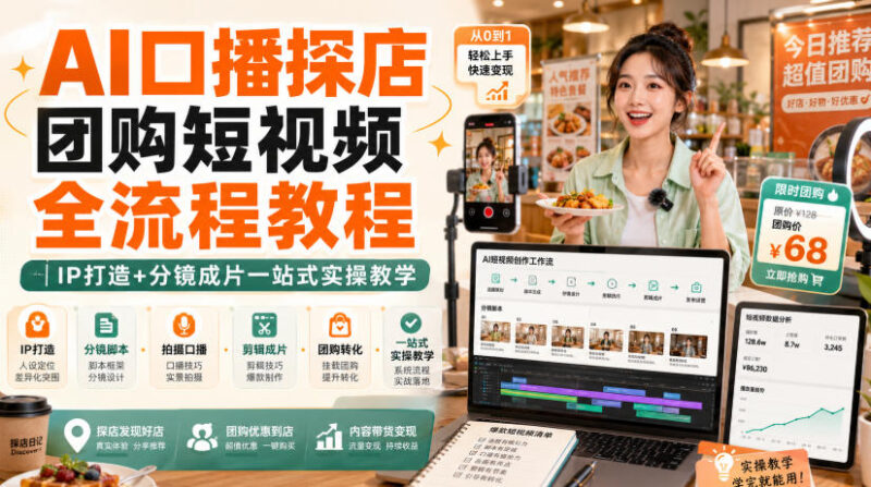 AI口播探店团购短视频全流程教程|IP打造+分镜成片一站式实操教学-百科网
