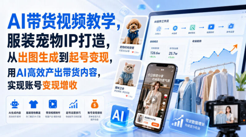 AI带货视频教学，服装宠物IP打造，从出图生成到起号变现，用AI高效产出带货内容，实现账号变现增收-百科网