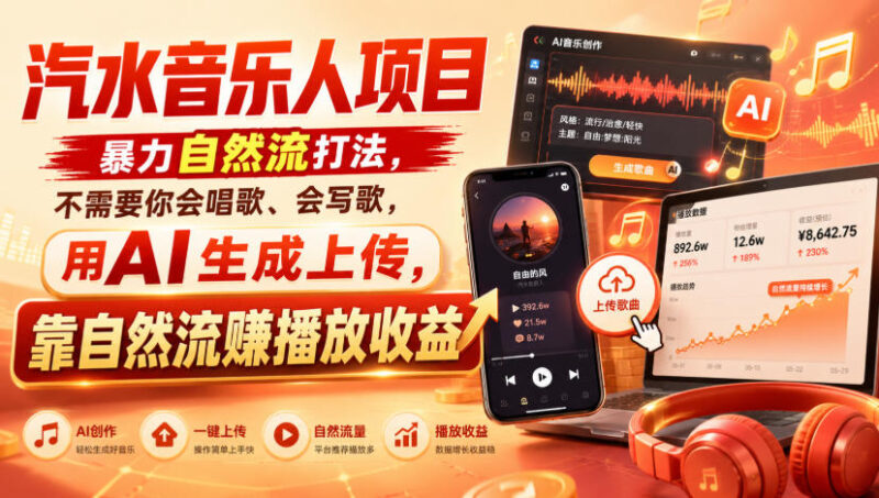 汽水音乐人项目,暴力自然流打法,不需要你会唱歌、会写歌,用AI生成上传,靠自然流賺播放收益-百科网