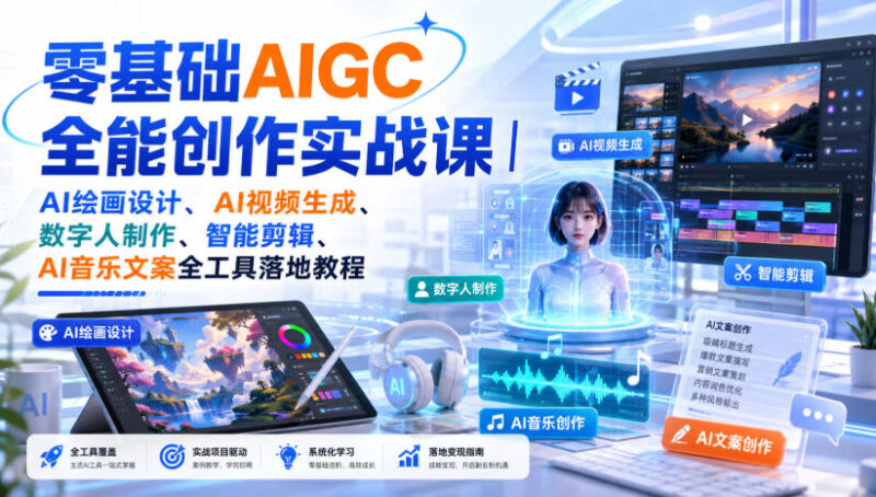 零基础AIGC全能创作实战课｜AI绘画设计、AI视频生成、数字人制作、智能剪辑、AI音乐文案全工具落地教程-百科网