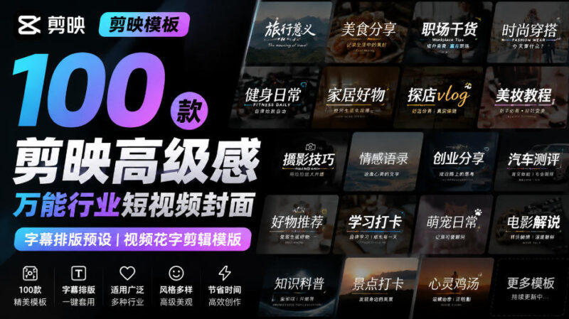 【剪映模板】100款剪映高级感万能行业短视频封面字幕排版预设视频花字剪辑模版-百科网