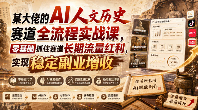 某大佬的AI人文历史赛道全流程实战课，零基础抓住赛道长期流量红利，实现稳定副业增收-百科网