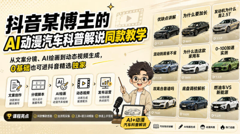 抖音某博主的AI动漫汽车科普解说同款教学,从文案分镜、AI绘画到动态视频生成,0基础解锁抖音精选独家收益-百科网