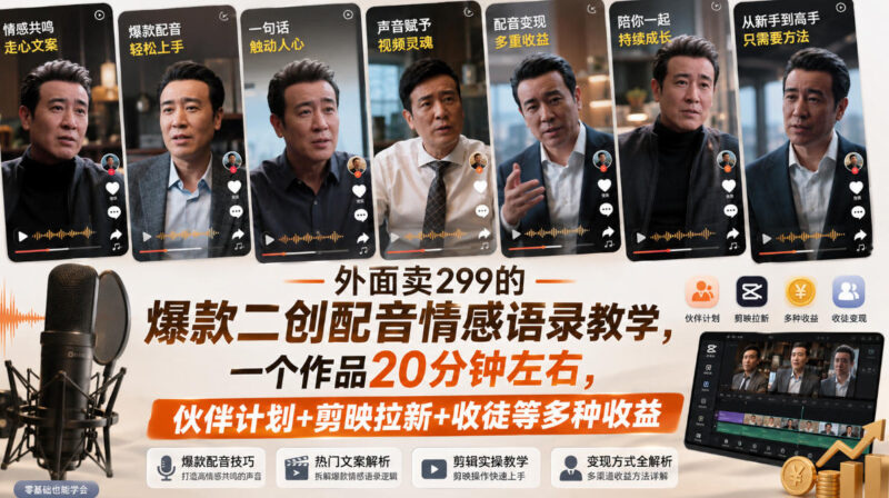 外面卖299的爆款二创配音情感语录教学,一个作品20分钟左右,伙伴计划+剪映拉新+收徒等多种收益-百科网