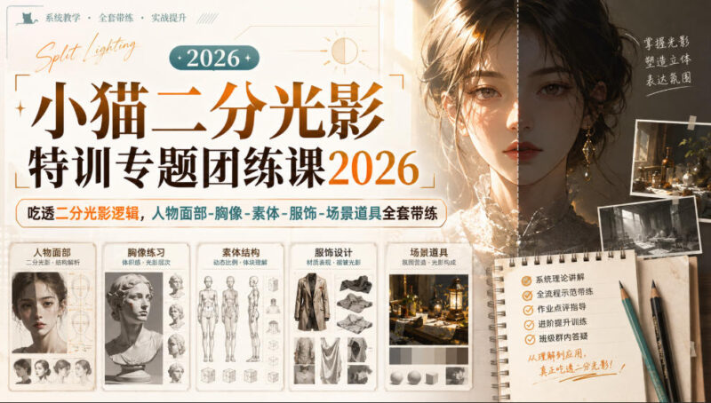 小猫二分光影特训专题团练课2026|吃透二分光影逻辑,人物面部‑胸像‑素体‑服饰‑场景道具全套带练,高清画质附赠课件与笔刷-百科网