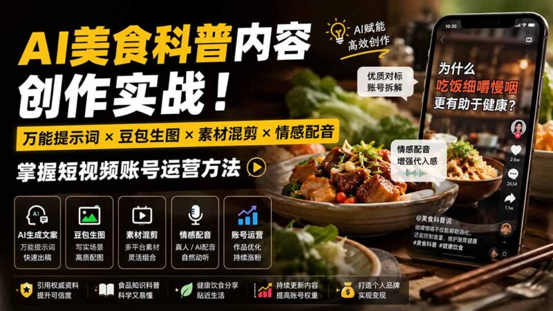 (19730期)外面卖199元-AI美食科普内容创作实战!万能提示词×豆包生图×素材混剪×情感配音,掌握短视频账号运营方法-百科网