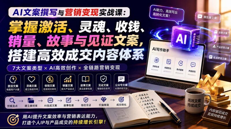 (20126期)AI文案撰写与营销变现实战课:掌握激活、灵魂、收钱、销量、故事与见证文案,搭建高效成交内容体系-百科网