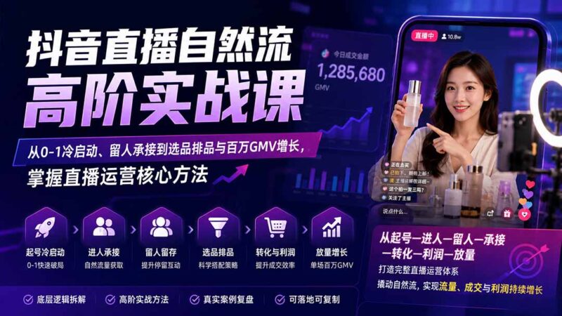 (20058期)抖音直播自然流高阶实战课:从0-1冷启动、留人承接到选品排品与百万GMV增长,掌握直播运营核心方法-百科网