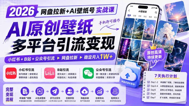 （19732期）2026网盘拉新+AI壁纸号实战课：AI原创壁纸+小红书+B站+公众号引流，手机即可操作，月入1W+-百科网