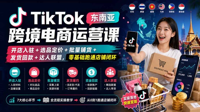 (20059期)TikTok东南亚跨境电商运营课:开店入驻+选品定价+批量铺货+发货回款+达人联盟,零基础跑通店铺闭环-百科网