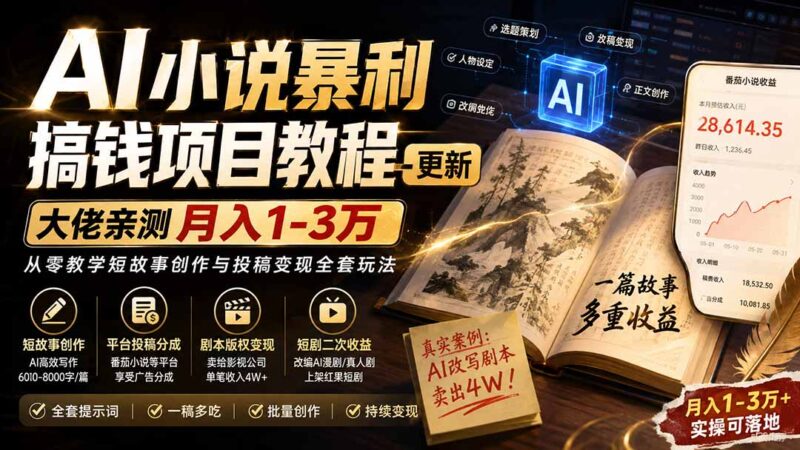 (20044期)AI小说暴利搞钱项目教程-更新,大佬亲测月入1-3万,从零教学短故事创作与投稿变现全套玩法-百科网