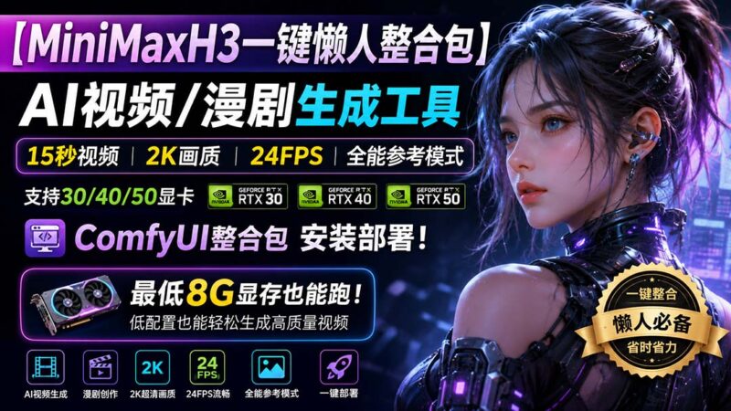 (20130期)MiniMaxH3一键懒人整合包:AI视频/漫剧生成工具,15秒视频_2K画质_24FPS_全能模式,支持30_40_50显卡,8g显存也能跑-百科网