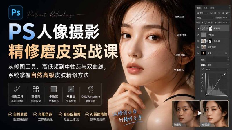 （20061期）PS人像摄影精修磨皮实战课：从修图工具、高低频到中性灰与双曲线，系统掌握自然高级皮肤精修方法-百科网