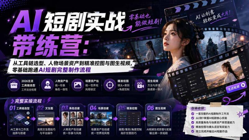 (20064期)AI短剧实战训练营:从工具链选型、人物场景资产到精准控图与图生视频,零基础跑通AI短剧完整制作流程-百科网