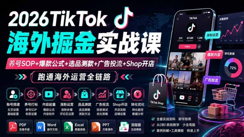 （19973期）2026TikTok海外掘金实战课——养号SOP+爆款公式+选品测款+广告投流+Shop开店，跑通海外运营全链路-百科网