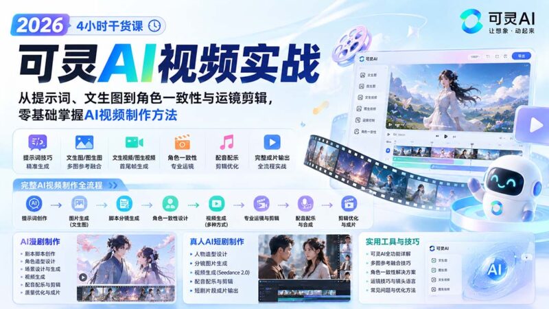 (20136期)2026可灵AI视频实战-4小时干货课:从提示词、文生图到角色一致性与运镜剪辑,零基础掌握AI视频制作方法-百科网