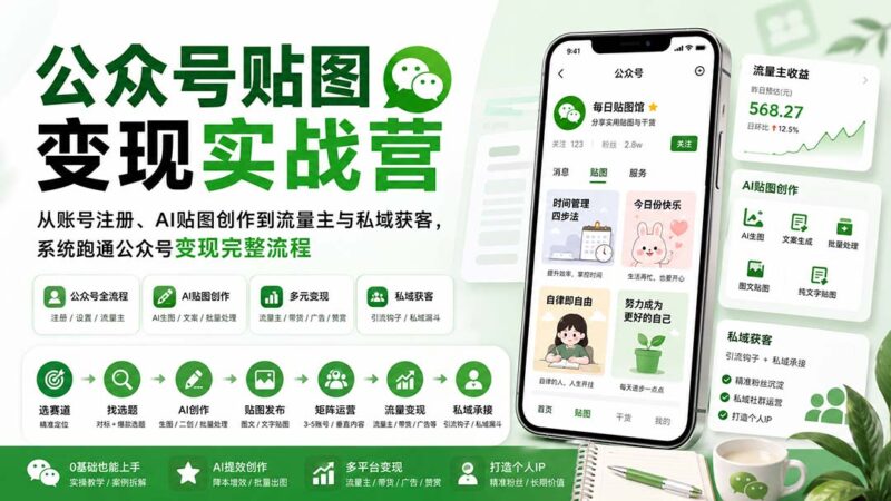 (20120期)公众号贴图变现实战营:从账号注册、AI贴图创作到流量主与私域获客,系统跑通公众号变现完整流程-百科网