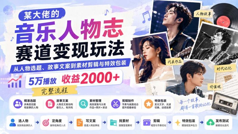 （20121期）某大佬的音乐人物志赛道变现玩法：从人物选题、故事文案到素材剪辑与特效包装，5万播放收益2000+完整流程-百科网