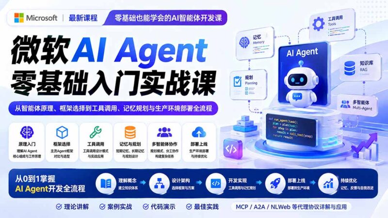 （19977期）微软AI Agent零基础入门实战课：从智能体原理、框架选择到工具调用、记忆规划与生产环境部署全流程-百科网