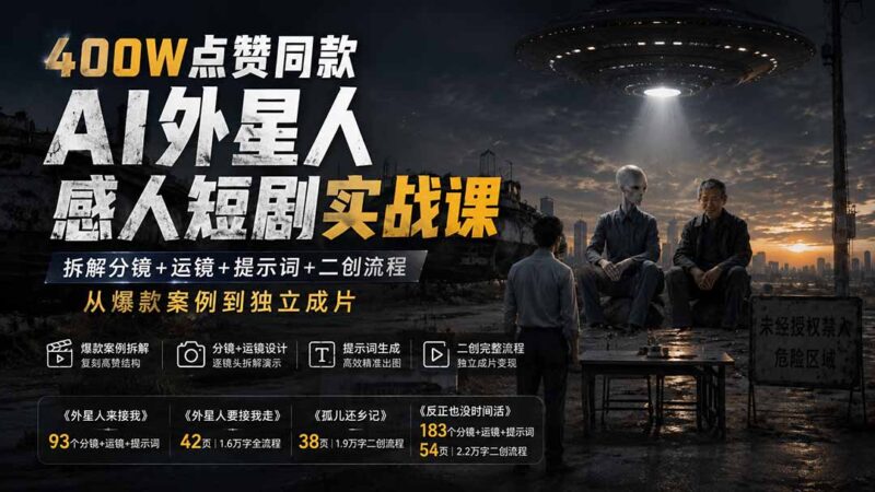 (20052期)400W点赞同款AI外星人感人短剧实战课:拆解分镜+运镜+提示词+二创流程,从爆款案例到独立成片-百科网