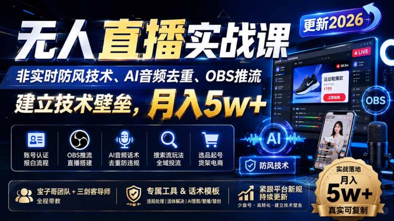 (20227期)无人直播实战课(更新9月),非实时防风技术、AI音频去重、OBS推流,建立技术壁垒,月入5w+-百科网