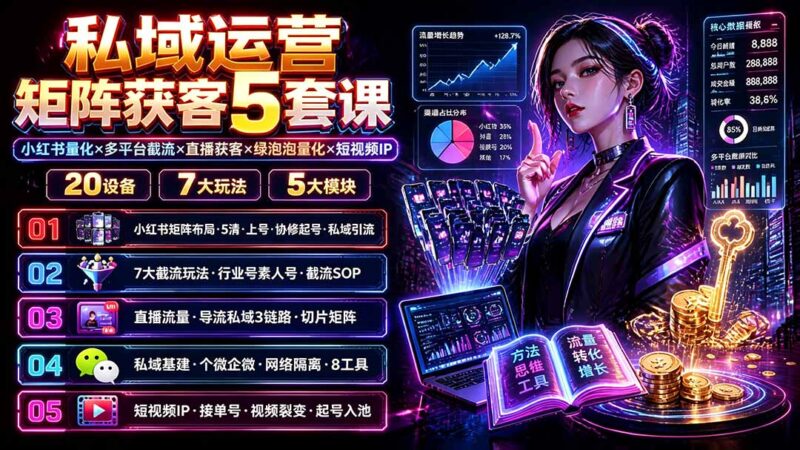 （19617期）私域运营矩阵获客5套课：小红书量化×多平台截流×直播获客×绿泡泡量化×短视频IP×20设备×7大玩法-百科网