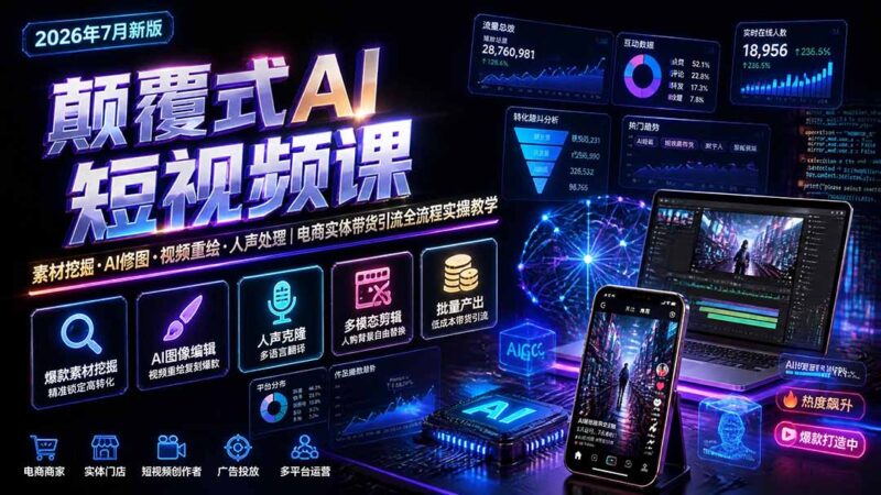 （19630期）颠覆式AI短视频课｜素材挖掘，AI修图，视频重绘，人声处理｜电商实体带货引流全流程实操教学-百科网