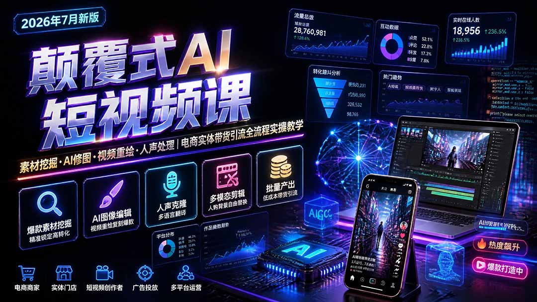 (19630期)颠覆式AI短视频课|素材挖掘,AI修图,视频重绘,人声处理|电商实体带货引流全流程实操教学 (19630期)颠覆式AI短视频课|素材挖掘,AI修图,视频重绘,人声处理|电商实体带货引流全流程实操教学