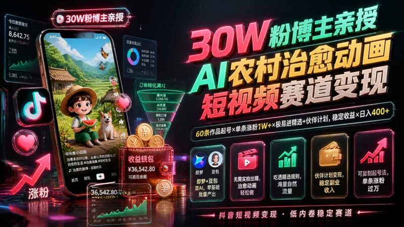 (19648期)30W粉博主亲授AI农村治愈动画短视频赛道变现:60条作品起号×单条涨粉1W+×极易进精选+伙伴计划,稳定收益×日入400+-百科网