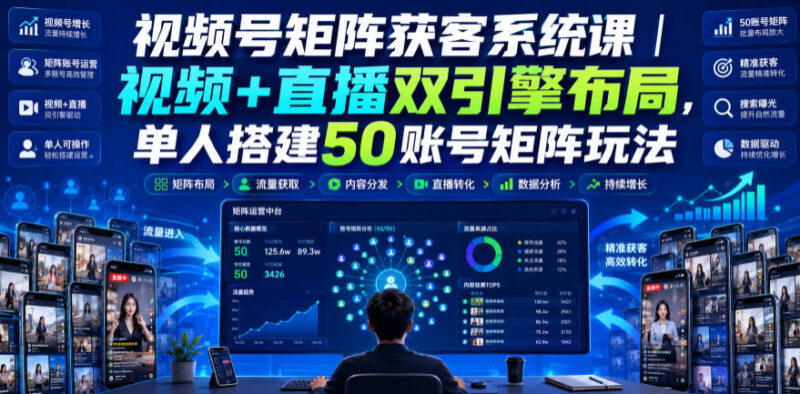 视频号矩阵获客系统课｜视频+直播双引擎布局，单人搭建50账号矩阵玩法，流量入池、搜索占位、全域引流沉淀私域全流程教学-百科网