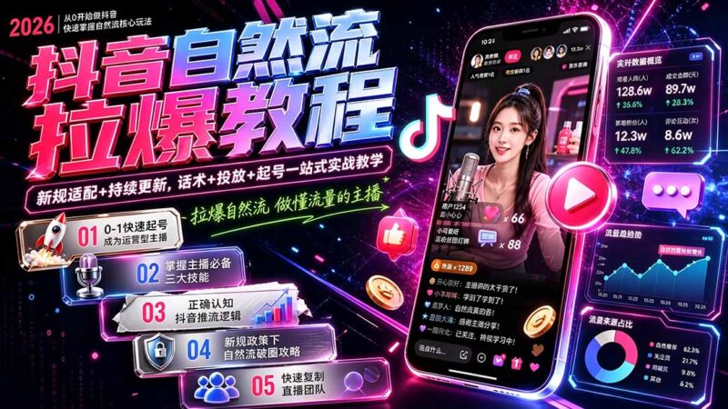 （20011期）抖音自然流拉爆教程-更新8月：做懂流量的主播，新规适配+持续更新，话术+投放+起号一站式实战教学-百科网