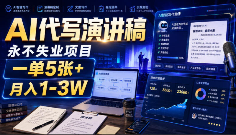 AI代写演讲稿，永不失业项目，一单5张+，月入1-3W-百科网