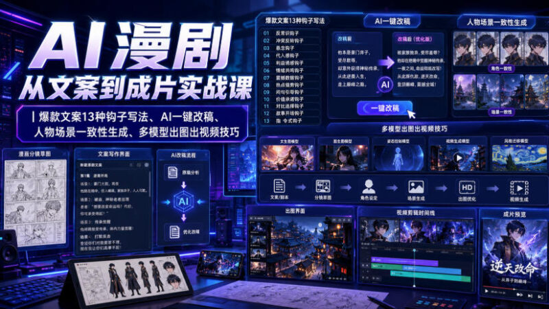 AI漫剧从文案到成片实战课|爆款文案13种钩子写法、AI一键改稿、人物场景一致性生成、多模型出图出视频技巧-百科网