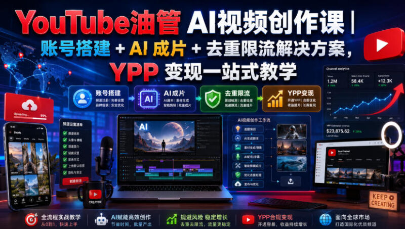YouTube油管AI视频创作课|账号搭建+AI成片+去重限流解决方案,YPP变现一站式教学-百科网