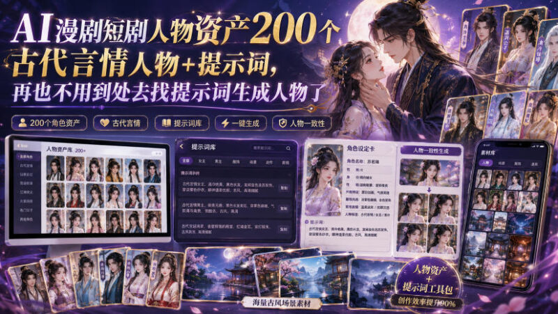 AI漫剧短剧人物资产200个古代言情人物+提示词，再也不用到处去找提示词生成人物了-百科网
