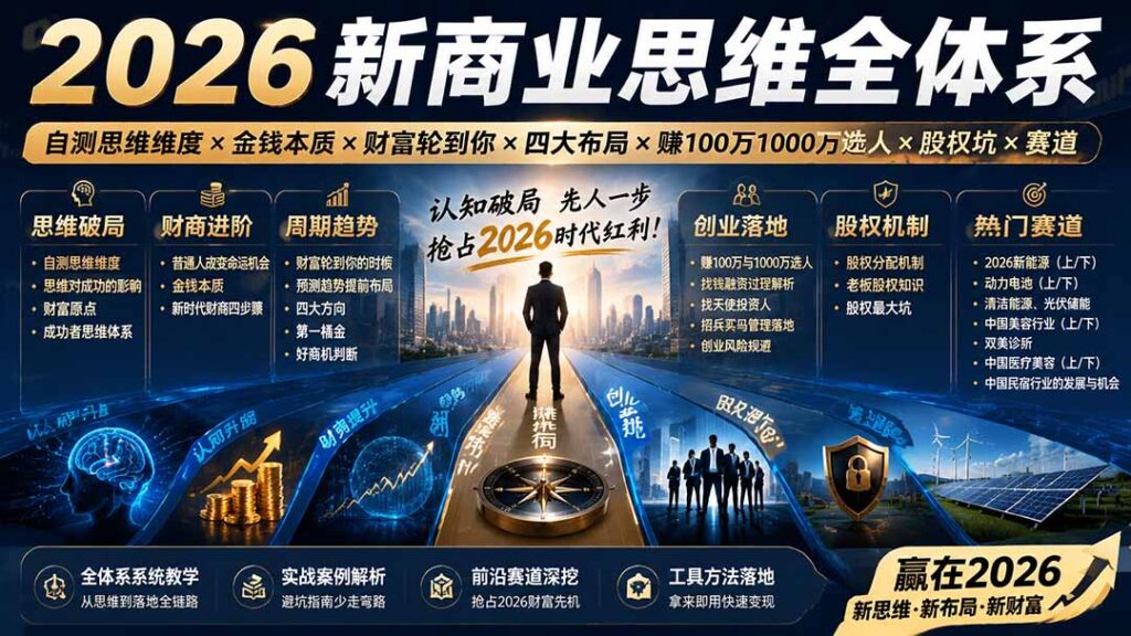 （19696期）2026新商业思维全体系：自测思维维度×金钱本质×财富轮到你×四大布局×赚100万1000万选人×股权坑×赛道-百科网