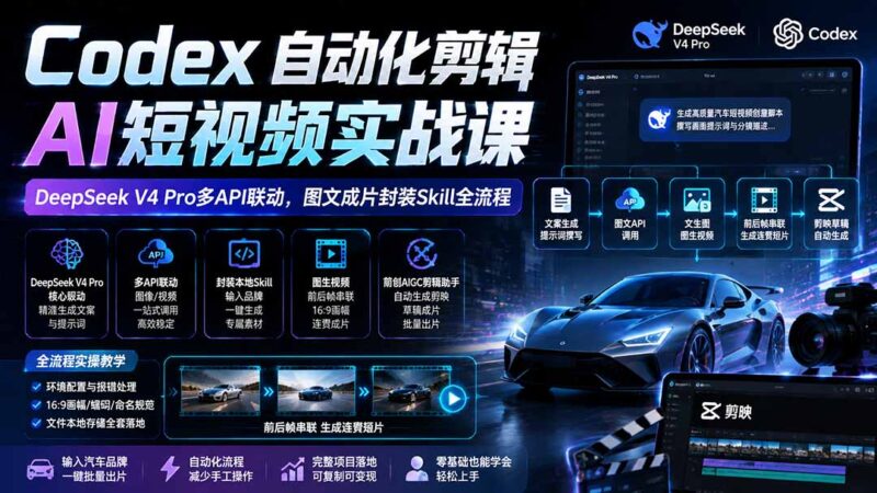 （19711期）Codex自动化剪辑AI短视频实战课｜DeepSeek V4 Pro多API联动，图文成片封装Skill全流程-百科网