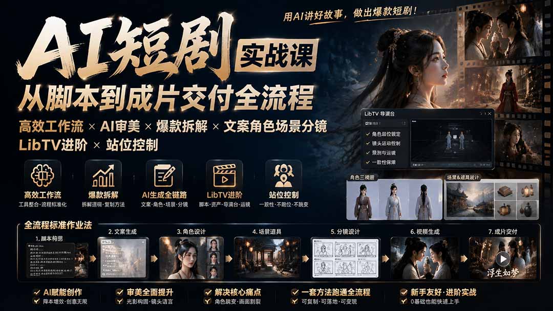 (19717期)AI短剧实战课:高效工作流×AI审美×爆款拆解×文案角色场景分镜×LibTV进阶×站位控制×从脚本到成片交付全流程 (19717期)AI短剧实战课:高效工作流×AI审美×爆款拆解×文案角色场景分镜×LibTV进阶×站位控制×从脚本到成片交付全流程