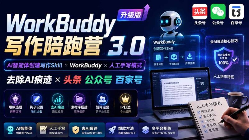(19920期)WorkBuddy写作陪跑营3.0-更新:Ai智能体创建写作Skill×WorkBuddy×人工手写模式×去除AI痕迹×头条公众号百家号-百科网